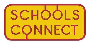 Schools Connect logo with yellow background and red lettering